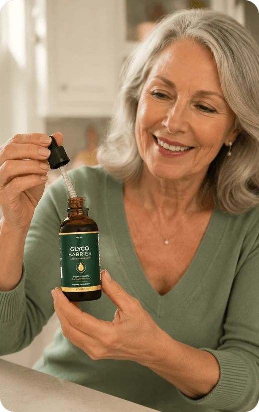 Smiling woman holding a Glyco Barrier dropper bottle